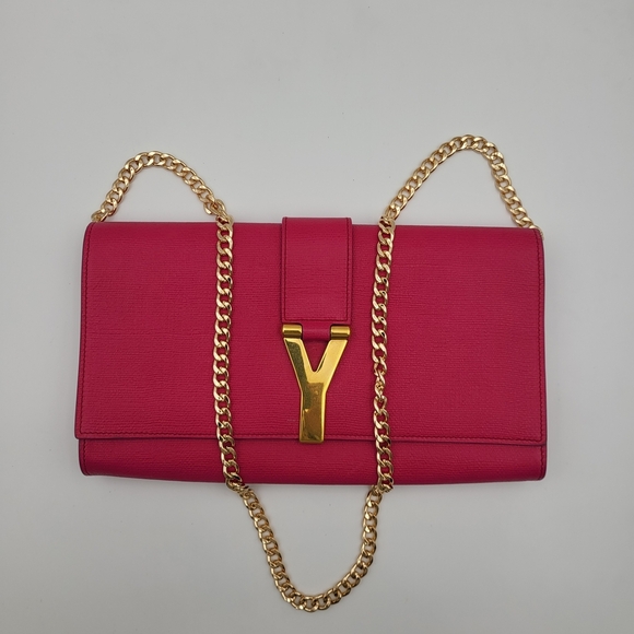 YVESSAINT LAURENTCalfskin Classic Y Ligne Clutch Fuchsia..Authentic...